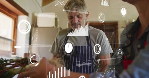 Senior couple preparing meal in smart kitchen with data overlays and homegrown greens