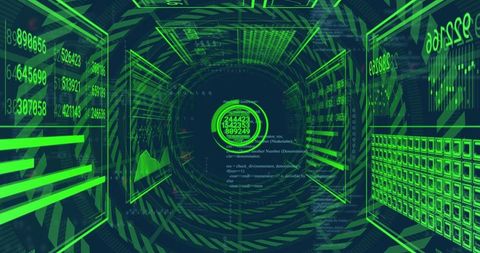 Glowing Cyber Data Tunnel with Holographic HUD Directing Matrix Streams in Neon
