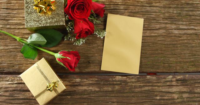 Red roses and golden gift boxes lie on a rustic wooden surface, with a blank note offering space for a personal message. Such a setting is often associated with romantic gestures or special occasions like anniversaries and Valentine's Day.