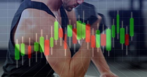 Male athlete curling dumbbell with candlestick chart overlay merging fitness and finance