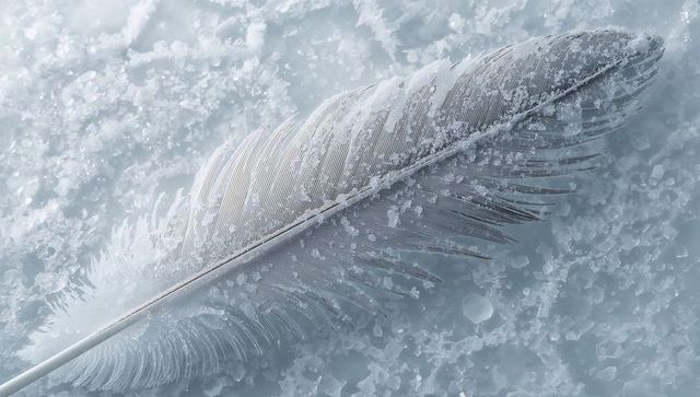 Pale feather glistening with hoarfrost on packed snow macro texture, frosted plume