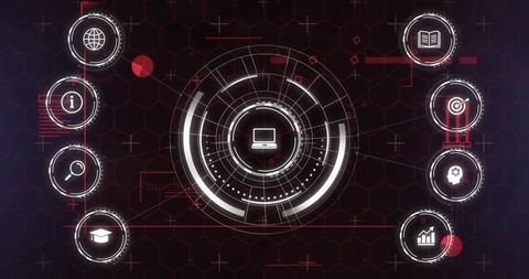 Futuristic Digital Interface with Data Analytics Elements on Hexagonal Grid