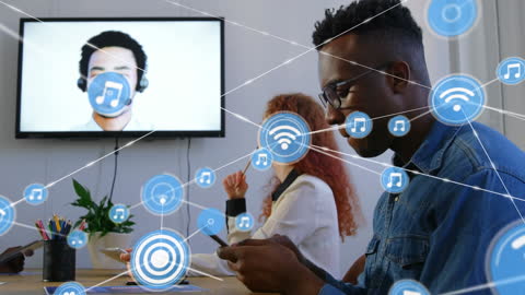 Diverse Colleagues Engaging in Video Conference with Overlay of Digital Connections