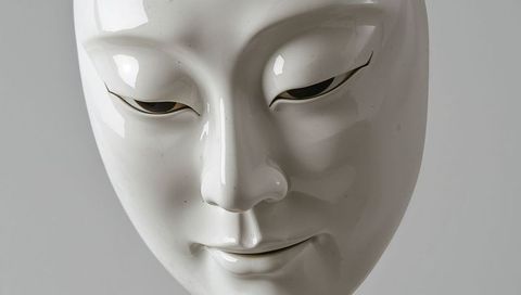 Glossy white porcelain mask closeup conveying serene minimalist theatrical expression