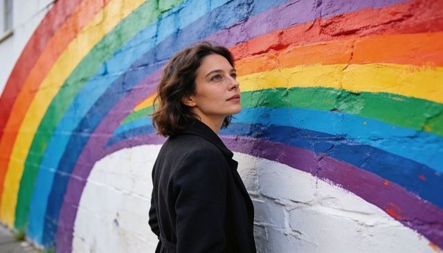 Contemplative woman admiring vibrant rainbow mural on textured urban brick wall