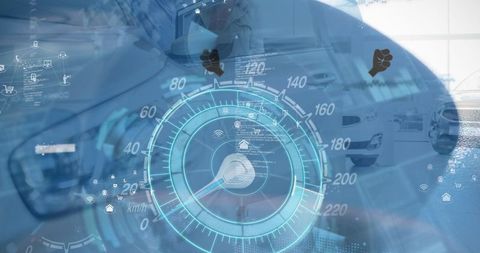 Futuristic Car Technology Interface with Speedometer Overlay