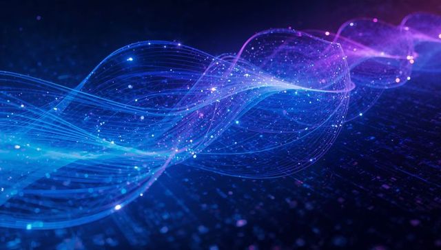 Vibrant glowing purple and blue light waves with digital grid