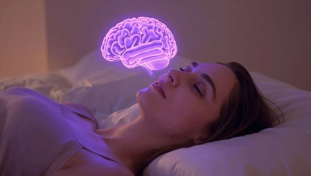 Woman resting at night visualizing neon purple brain hologram above head for sleep tech