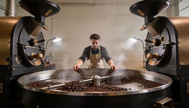 Artisan coffee roaster stirring and cooling freshly roasted beans in industrial drum roastery