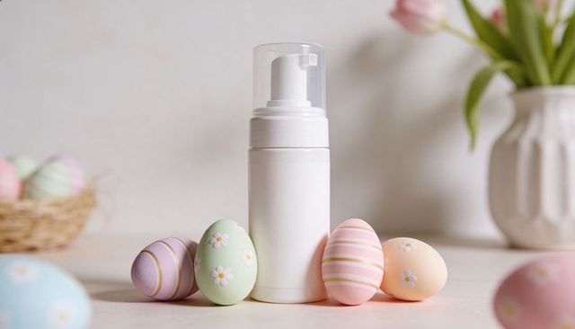 Standing white foam pump bottle with pastel easter eggs and tulips for spring mockup