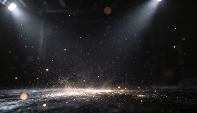 Glowing Dust Band and Twin Spotlight Beams on Dark Stage Floor with Reflective Sparkle