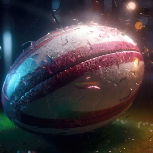 Close up of white and red rugby ball and raindrops, created using generative ai technology. Rugby, sports and competition concept digitally generated image.
