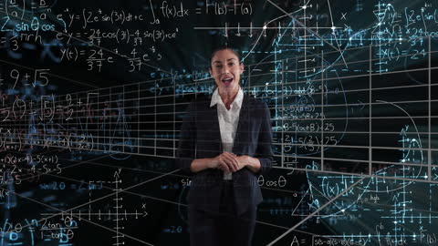 Innovative Businesswoman Overlapping Mathematical Data Visuals