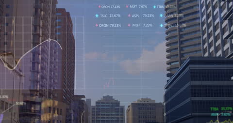 Digital Financial Graphs and Data Overlay on Cityscape