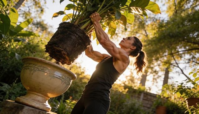 Strong woman transplanting large houseplant into decorative urn in sunlit backyard garden