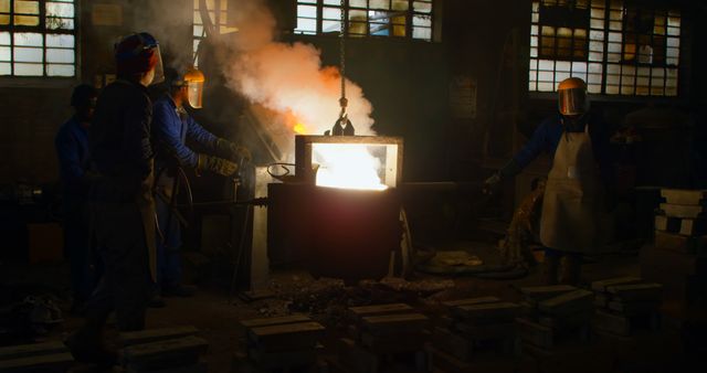 Workers Pouring Molten Metal in Industrial Foundry with Protective Gear - Download Free Stock Images Pikwizard.com