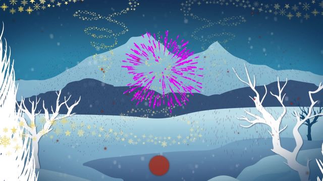 Colorful pink fireworks burst over a quiet winter landscape with snowy mountains and barren trees. Snow sparkles in the night sky, creating a festive and serene atmosphere. Ideal for holiday greetings, celebratory messages, and winter-themed backgrounds.