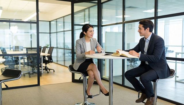 Two professionals discussing notes at high table in modern glass office collaboration today