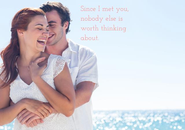 Romantic couple embracing on a sunny beach with a love quote overlay. Perfect for use in greeting cards, social media posts, relationship blogs, and romantic advertisements. Ideal for conveying love, happiness, and togetherness.