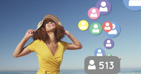 Happy Woman Celebrating Social Media Success at Beach