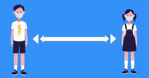 Illustration of Children Practicing Social Distancing with Masks