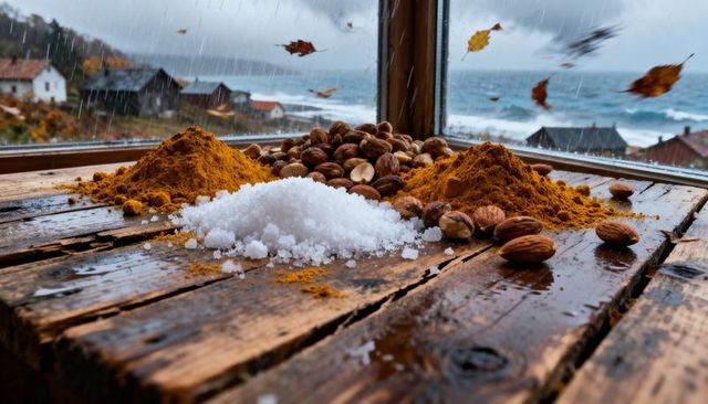 Stormy coastal windowsill showing coarse sea salt, turmeric mounds and hazelnuts