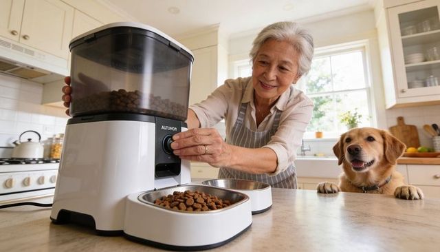 Senior woman adjusting automatic pet feeder in sunlit kitchen while happy dog waits