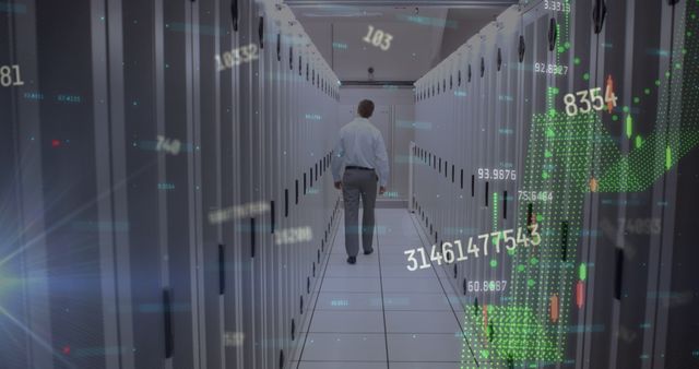Technician Walking in Data Center Corridor with Virtual Data Visualization - Download Free Stock Images Pikwizard.com