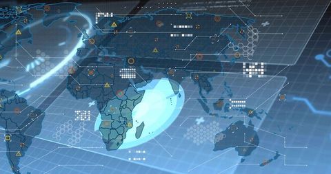Digital global map highlighting Africa with HUD spotlight, nodes, hex grid visualization