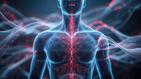 Futuristic rendering of human torso with glowing neural pathways