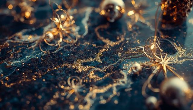 Elegant Gold Wireframe Ornaments Amidst Dark Sparkling Backdrop