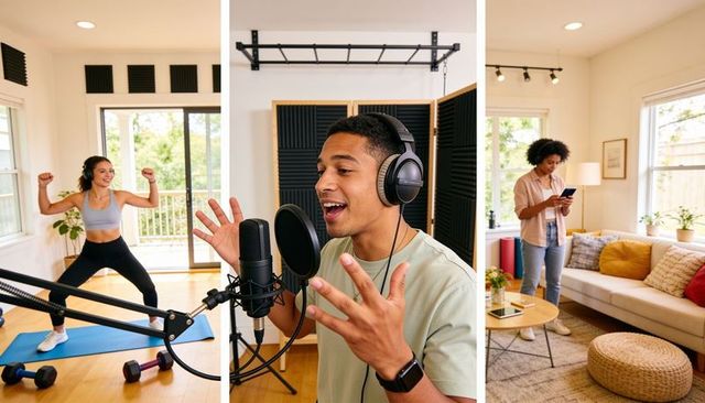 Home studio recording session with singer at mic, roommate exercising, friend on smartphone