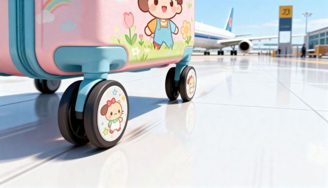 Showing pastel kids suitcase with cartoon wheels at airport gate on reflective tile