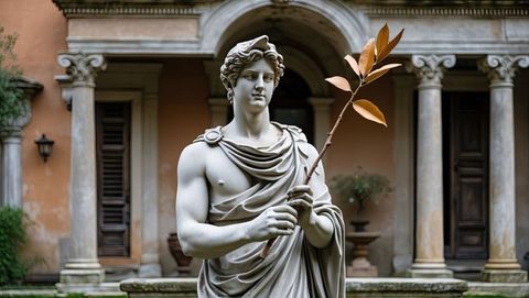 Neoclassical marble statue holding sandalwood ochre leafy branch