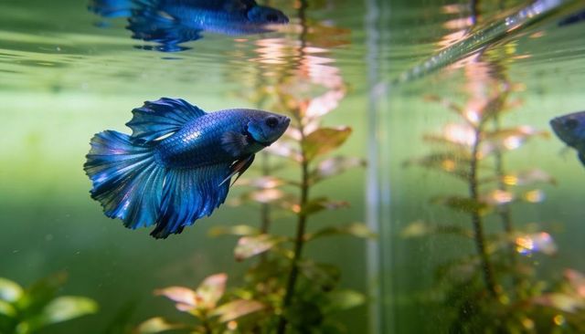 Iridescent blue betta fish swimming and fanning flowing fins in planted aquarium
