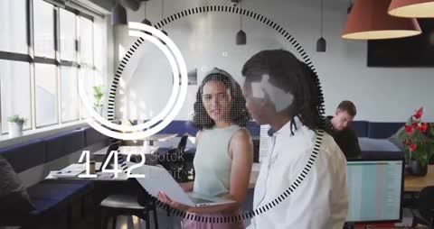 Business Professionals Analyzing Stock Data with Animated Overlay