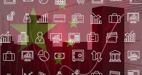 Digital finance icons with chinese flag and urban landscape