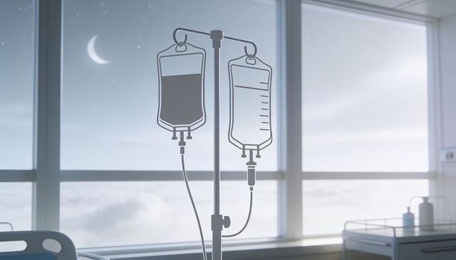 Iv drip stand showing two hanging bags against night sky with crescent moon through hospital window