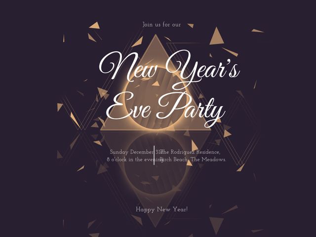 Celebrating the arrival of a new year, this invitation template features a sophisticated dark background with golden geometric accents, evoking elegance and festivity. Ideal for formal New Year's Eve events, it can also be adapted for gala invitations or milestone celebrations.