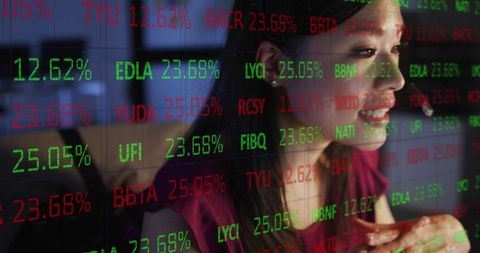 Businesswoman Analyzing Stock Market Data with Electronic Board Overlay