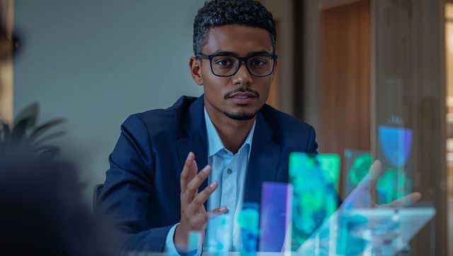 Business professional presenting holographic data charts on tablet in modern boardroom