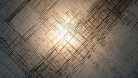 Glowing central flare over intersecting diagonal grid network with geometric linework