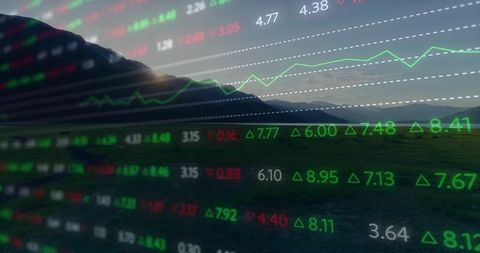 Financial Chart Overlay on Scenic Valley, Evening Ambiance