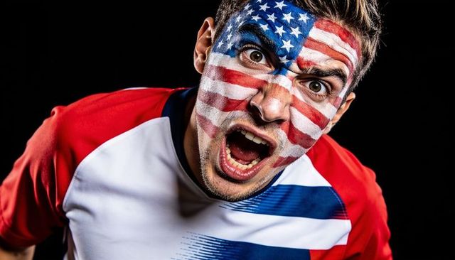 Shouting american fan wearing flag face paint and patriotic jersey leaning forward