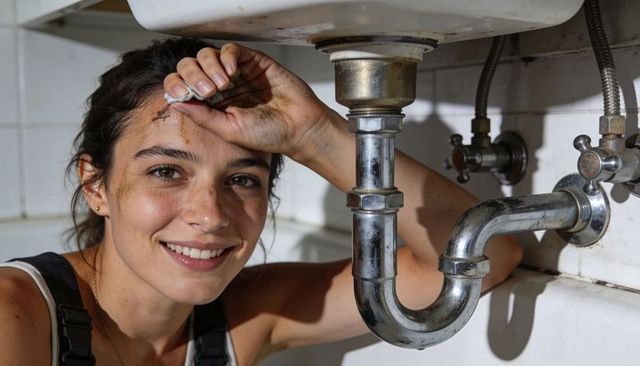 Young woman repairing under-sink p-trap, wiping forehead and smiling during plumbing work