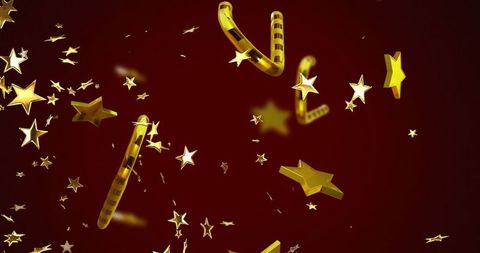Floating 3D Golden Stars with Candy-Cane Striped Tubes on Burgundy Background