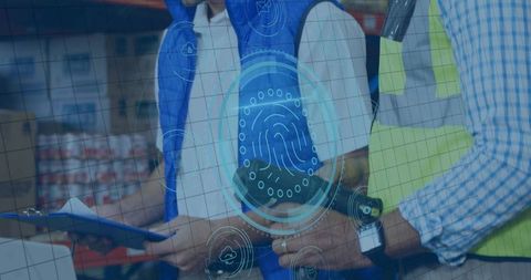 Warehouse Workers Scanning Inventory Using Biometric Security Overlay and Barcodes