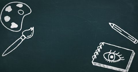 Educational art icons on black chalkboard