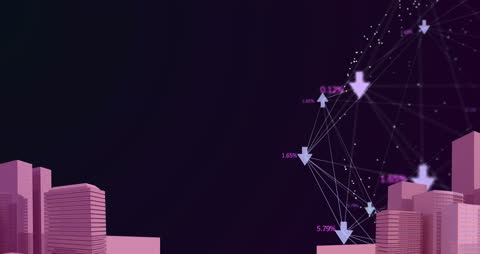 Pink Cityscape with Digital Network Connections and Data Arrows