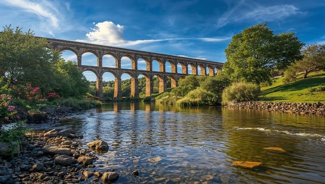 Sunlit two-tier stone viaduct spanning river valley with arched reflections at golden hour